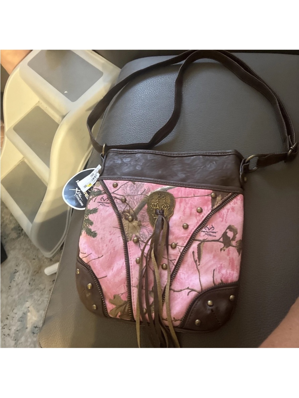 Realtree Xtra Colors Pink Camo Crossbody Bag with Leather Fringe & Studs NWT